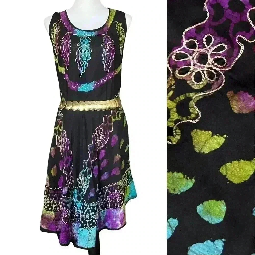 Boho Black Colorful Embroidered Semi Sheer Dress. Made in India. One Size.